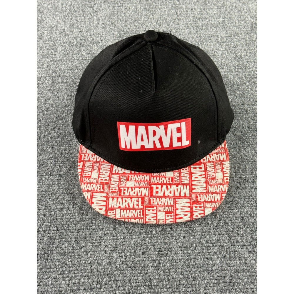 Marvel Kids Snapback Hat Black Red All Over Print Logo Flat Brim Baseball Cap